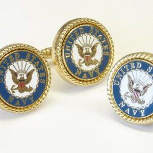 US NAVY EAGLE INSIGINA /BLUE BOARDER MILITARY LOGO / GOLD ROPE BEZEL CUFF LINKS